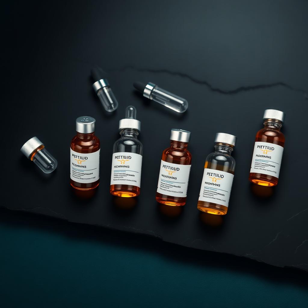 Lyophilized peptide vials on obsidian surface